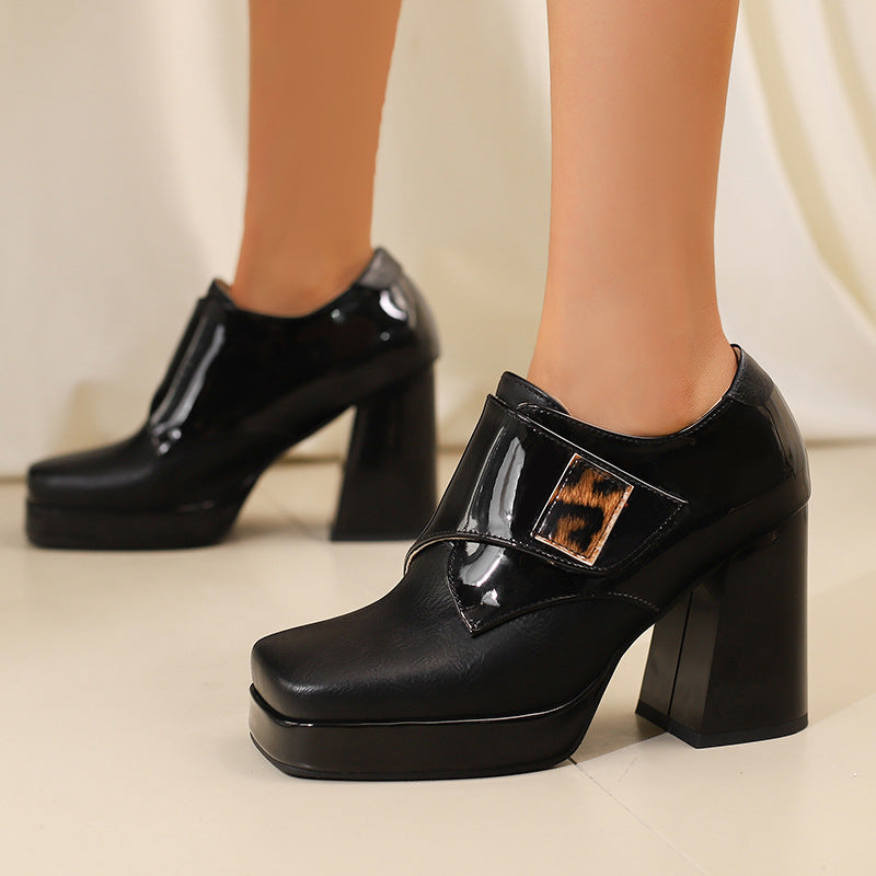 Square-toe Patent Leather Buckle Pumps Thick-soled High Heels