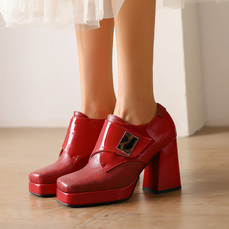 Square-toe Patent Leather Buckle Pumps Thick-soled High Heels