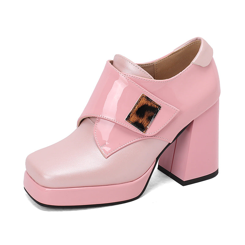 Square-toe Patent Leather Buckle Pumps Thick-soled High Heels