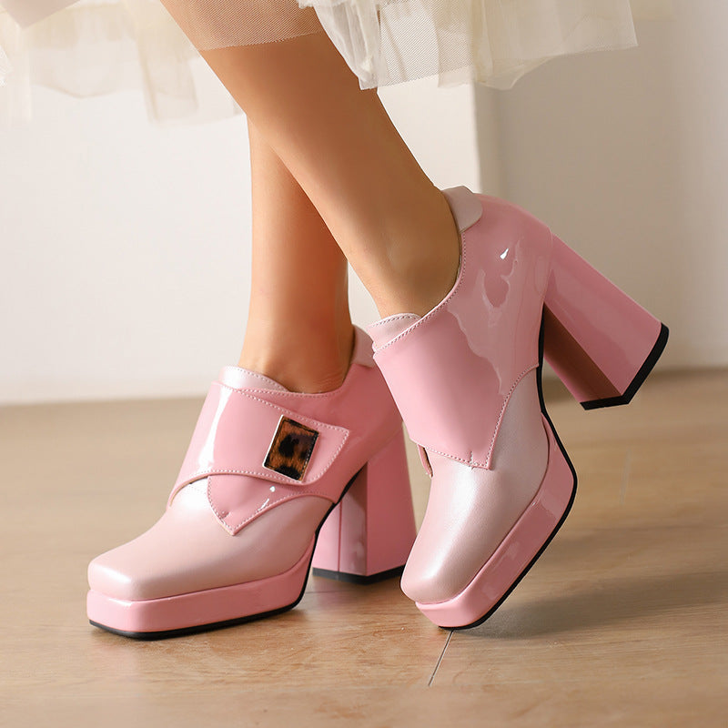 Square-toe Patent Leather Buckle Pumps Thick-soled High Heels