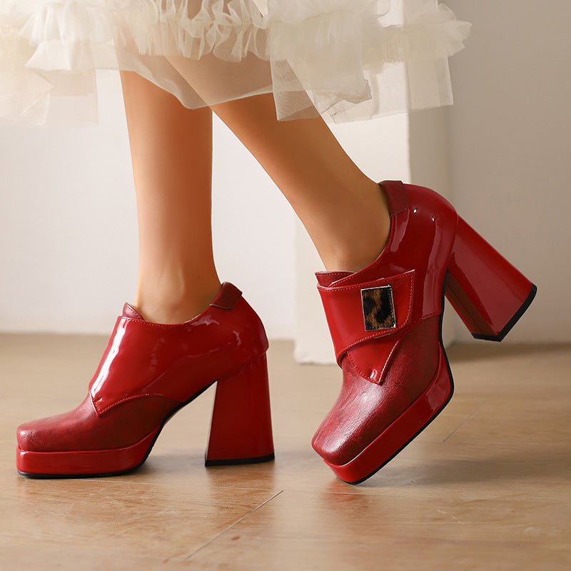 Square-toe Patent Leather Buckle Pumps Thick-soled High Heels