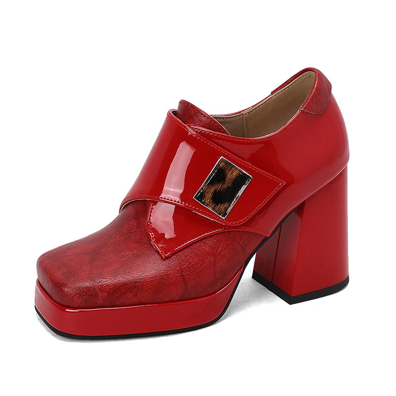 Square-toe Patent Leather Buckle Pumps Thick-soled High Heels