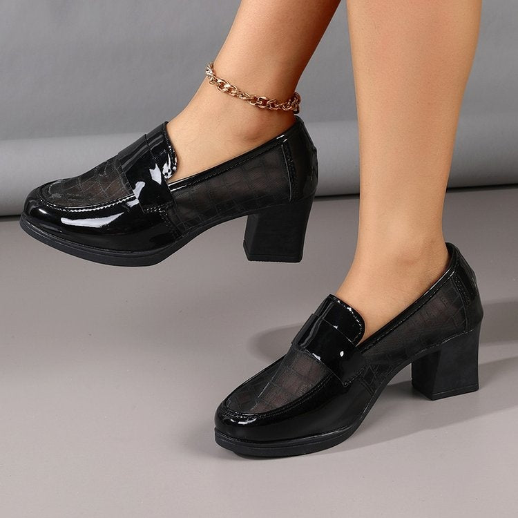 2026 Summer Women's Mesh Breathable High Heels, Hollow Soft Leather Pumps, Mid-Heel Chunky Heel Office Shoes With Soft Sole