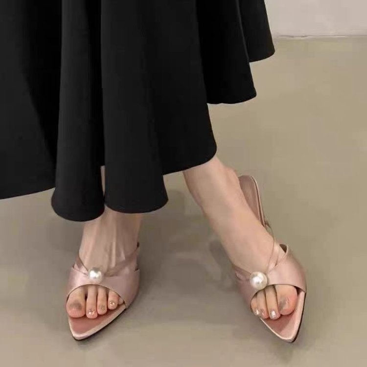 Women's French Style Pearl Embellished Pointed Toe High Heel Mules, Thin Heel Slip-On Slides, New Spring & Summer 2025 Collection, Elegant Daily Wear