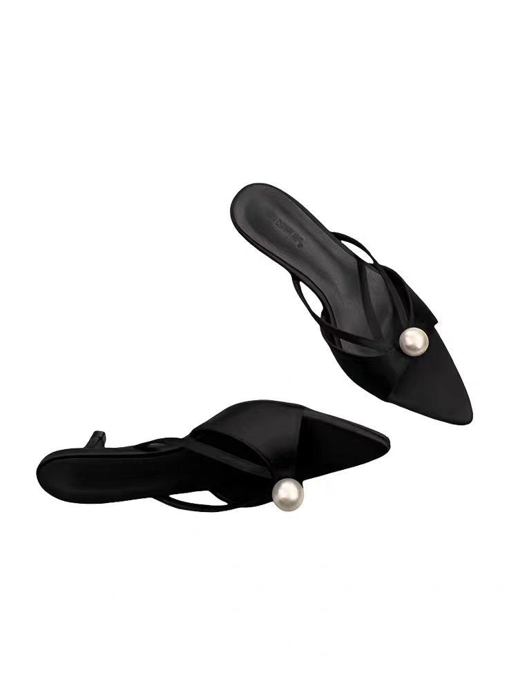 Women's French Style Pearl Embellished Pointed Toe High Heel Mules, Thin Heel Slip-On Slides, New Spring & Summer 2025 Collection, Elegant Daily Wear