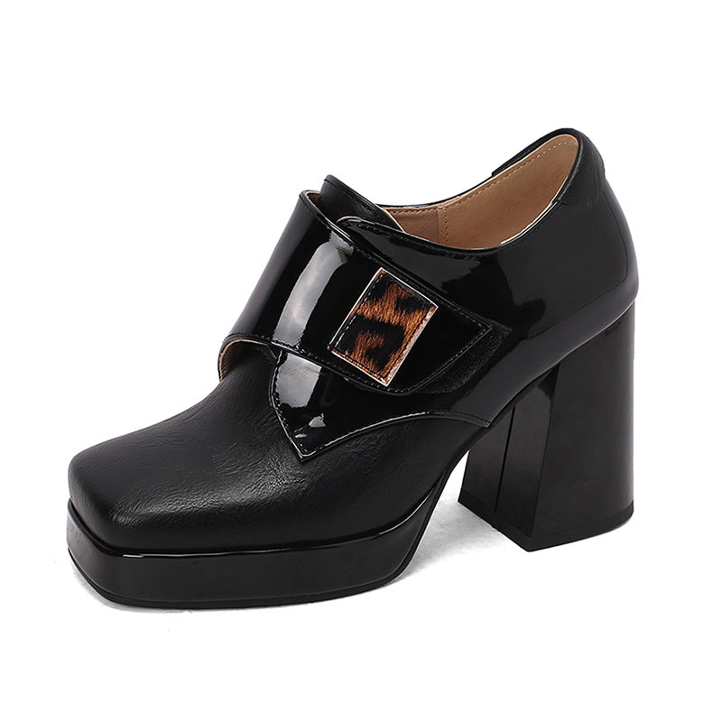 Square-toe Patent Leather Buckle Pumps Thick-soled High Heels